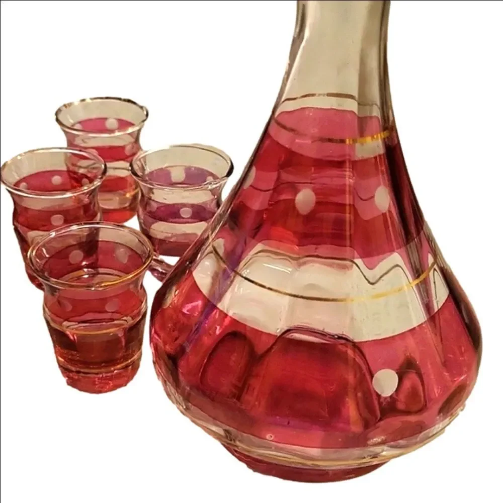 ELEGANT VINTAGE CRANBERRY GLASS DECANTER SET